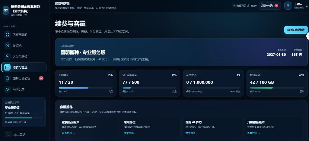 续费与容量页面
