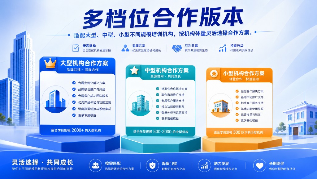 多档位合作版本：适配大型、中型、小型不同规模培训机构